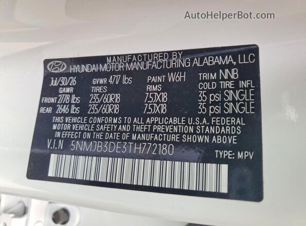 5NMJB3DE3TH772180 2026 HYUNDAI TUCSON Белый Вид наклейки с VIN-кодом