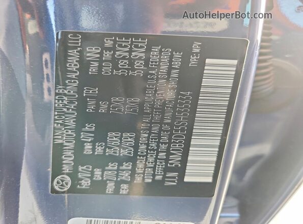 5NMJB3DE5SH535334 2025 HYUNDAI TUCSON Blue Панорамний вид салону 360°