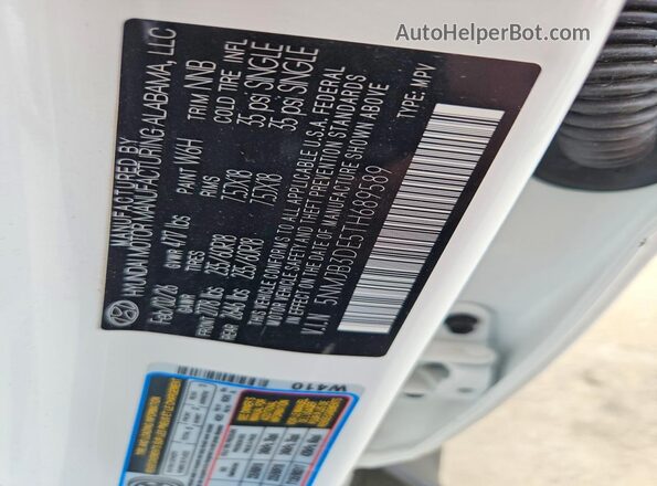 5NMJB3DE5TH689589 2026 HYUNDAI TUCSON White Вид наклейки з VIN-кодом