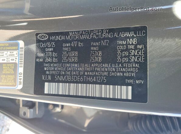 5NMJB3DE6TH641275 2026 HYUNDAI TUCSON Gray VIN sticker view