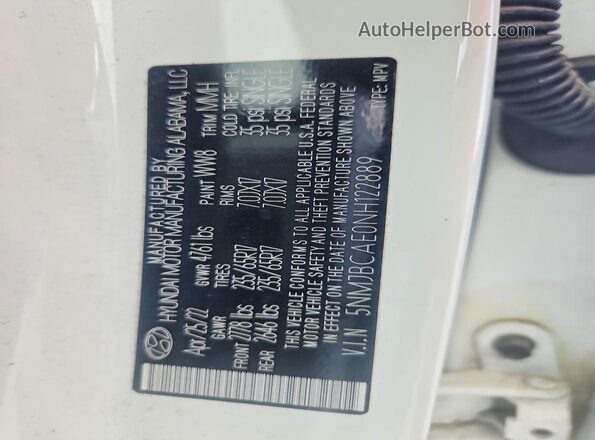 5NMJBCAE0NH122889 2022 HYUNDAI TUCSON White Vista de la etiqueta del VIN