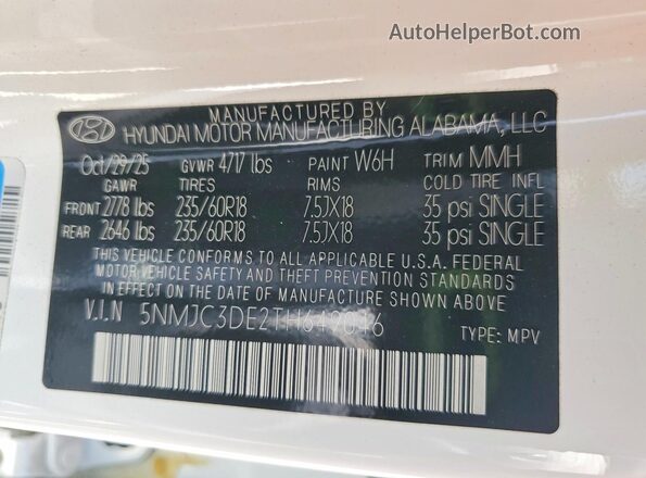5NMJC3DE2TH649046 2026 HYUNDAI TUCSON White Vista interior de 360 grados