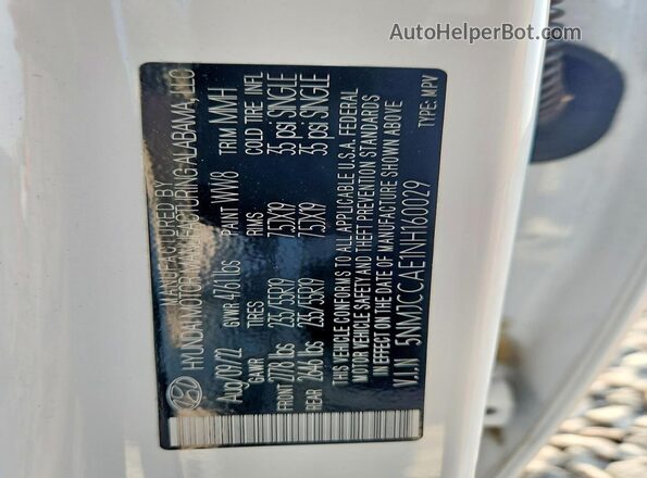 5NMJCCAE1NH160029 2022 HYUNDAI TUCSON White VIN კოდის სტიკერის ხედი