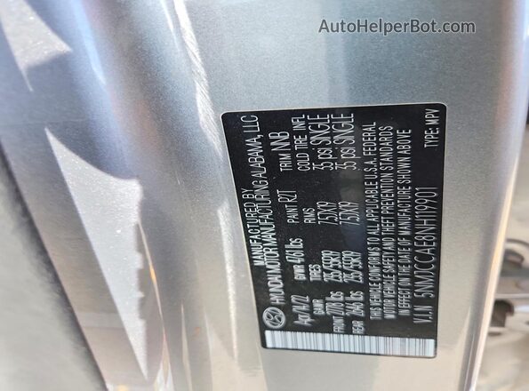 5NMJCCAE8NH119901 2022 HYUNDAI TUCSON Silver Vista de la etiqueta del VIN