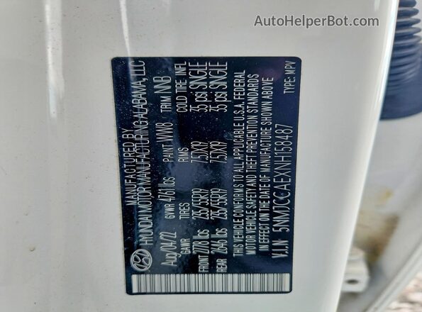5NMJCCAEXNH158487 2022 HYUNDAI TUCSON White VIN sticker view