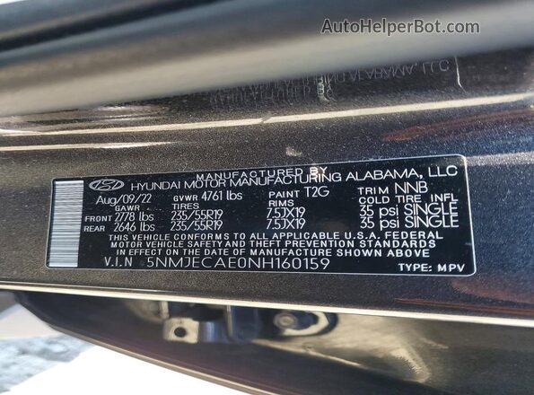 5NMJECAE0NH160159 2022 HYUNDAI TUCSON Charcoal VIN կոդի պիտակի տեսք