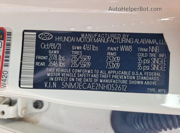 5NMJECAE2NH052612 2022 HYUNDAI TUCSON White Vista de la etiqueta del VIN