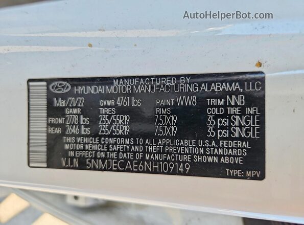 5NMJECAE6NH109149 2022 HYUNDAI TUCSON White Vista de la etiqueta del VIN
