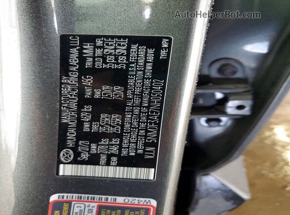 5NMJF3AE7NH050402 2022 HYUNDAI TUCSON Gray VIN sticker view