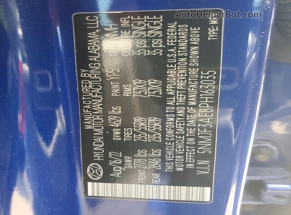 5NMJF3AE8PH163035 2023 HYUNDAI TUCSON Blue Vista de la etiqueta del VIN
