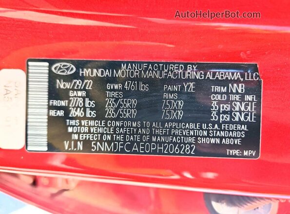 5NMJFCAE0PH206282 2023 HYUNDAI TUCSON Red VIN კოდის სტიკერის ხედი