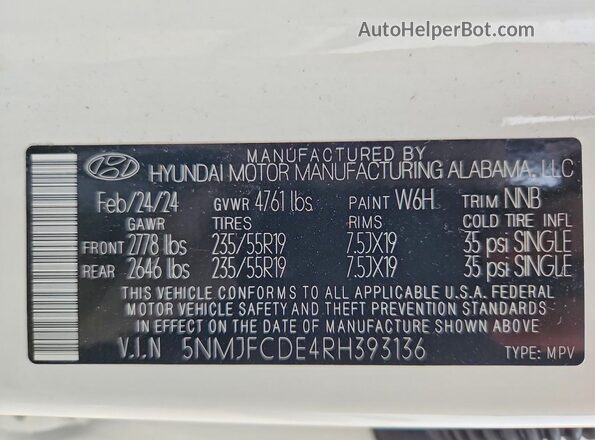 5NMJFCDE4RH393136 2024 HYUNDAI TUCSON White Շարժիչի բաժամունքի տեսք