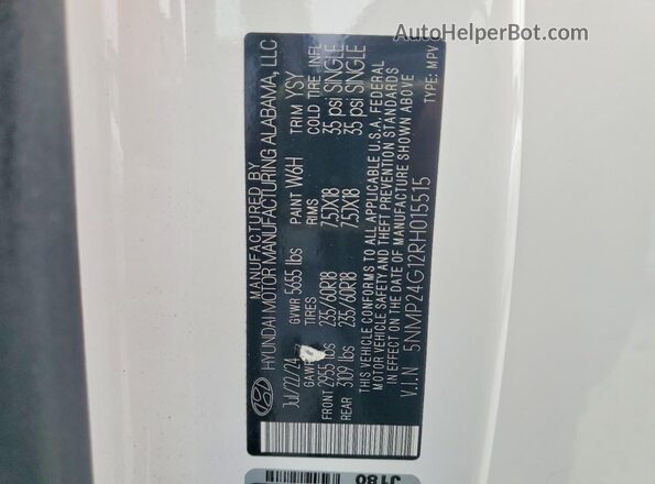 5NMP24G12RH015515 2024 HYUNDAI SANTA White VIN კოდის სტიკერის ხედი