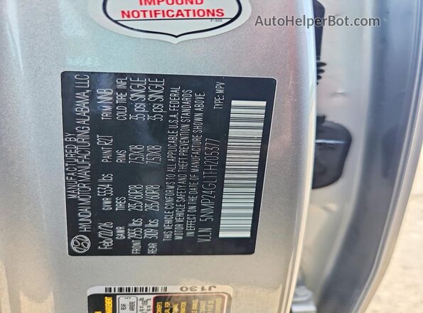 5NMP24GL1TH205377 2026 HYUNDAI SANTA Silver VIN sticker view