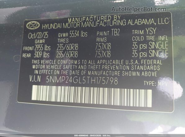 5NMP24GL5TH175798 2026 HYUNDAI SANTA FE Blue Vista del compartimento del motor