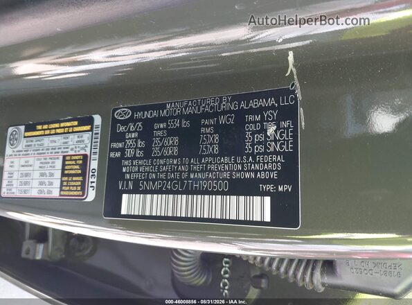 5NMP24GL7TH190500 2026 HYUNDAI SANTA FE Green Vista del compartimento del motor