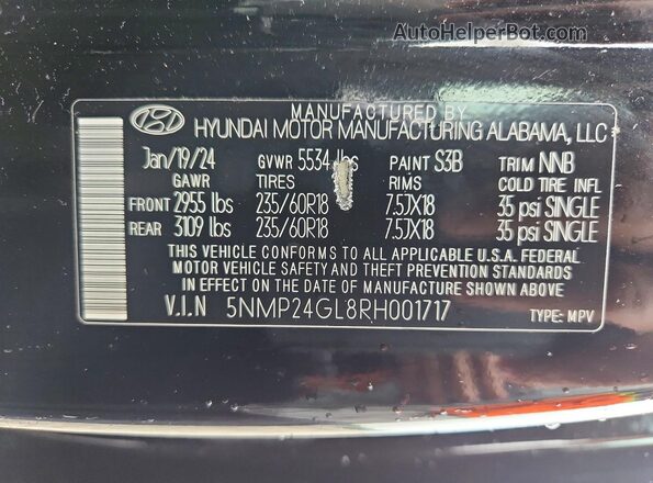 5NMP24GL8RH001717 2024 HYUNDAI SANTA Black Вид наклейки з VIN-кодом