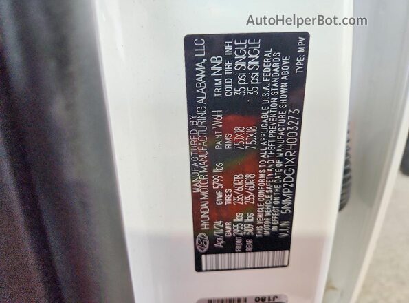 5NMP2DG1XRH003273 2024 HYUNDAI SANTA Белый Панорамный вид салона 360°