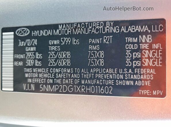 5NMP2DG1XRH011602 2024 HYUNDAI SANTA Silver Вид наклейки з VIN-кодом