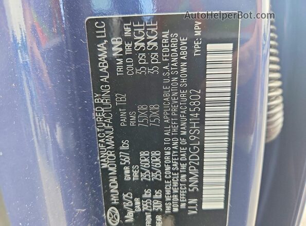 5NMP2DGL9SH145802 2025 HYUNDAI SANTA Blue Вид наклейки з VIN-кодом