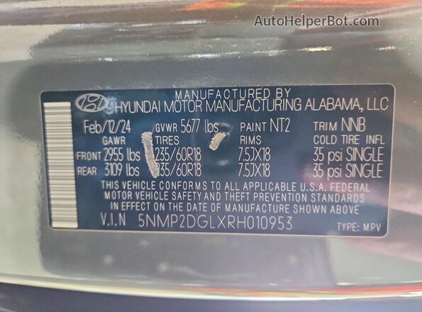 5NMP2DGLXRH010953 2024 HYUNDAI SANTA Серый Панорамный вид салона 360°
