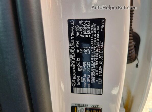 5NMP3DGL8RH002332 2024 HYUNDAI SANTA White VIN კოდის სტიკერის ხედი