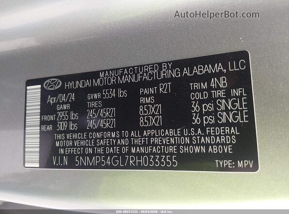 5NMP54GL7RH033355 2024 HYUNDAI SANTA FE Gray Вид підкапотного простору