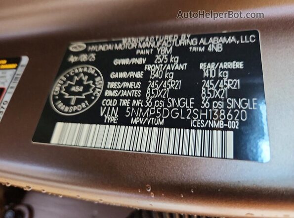 5NMP5DGL2SH138620 2025 HYUNDAI SANTA Brown VIN sticker view