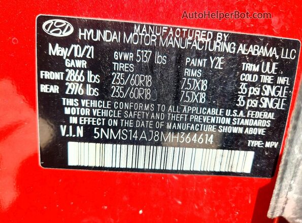 5NMS14AJ8MH364614 2021 HYUNDAI SANTA Красный Вид наклейки с VIN-кодом