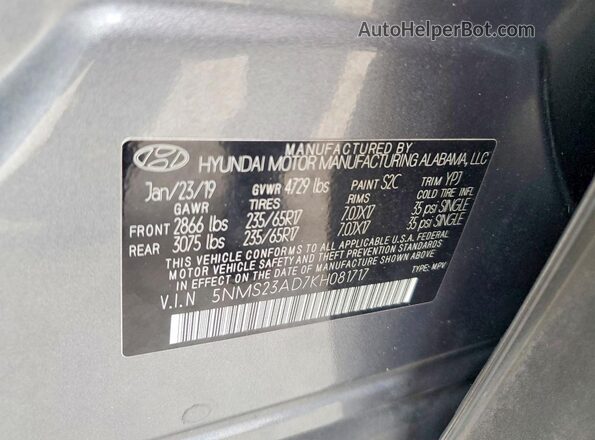 5NMS23AD7KH081717 2019 HYUNDAI SANTA Gray 360 interior view