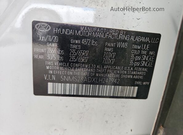 5NMS23ADXLH247942 2020 HYUNDAI SANTA White VIN sticker view