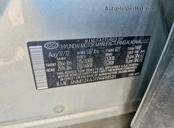 5NMS24AJ7PH498581 2023 HYUNDAI SANTA Silver Widok naklejki z numerem VIN