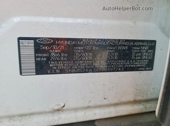5NMS24AJXNH397743 2022 HYUNDAI SANTA White VIN კოდის სტიკერის ხედი