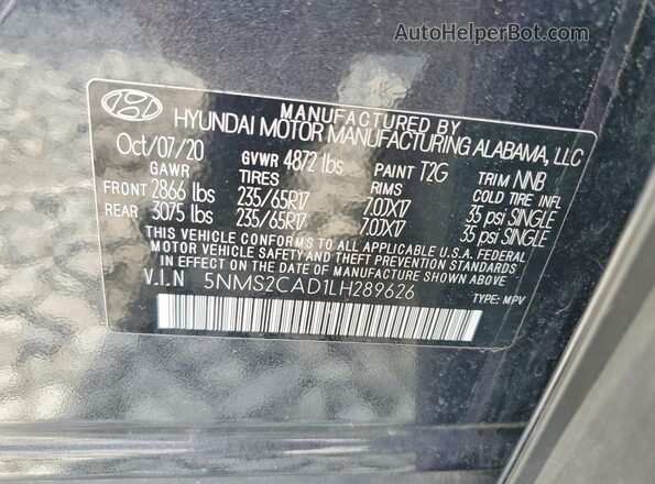 5NMS2CAD1LH289626 2020 HYUNDAI SANTA Gray VIN կոդի պիտակի տեսք
