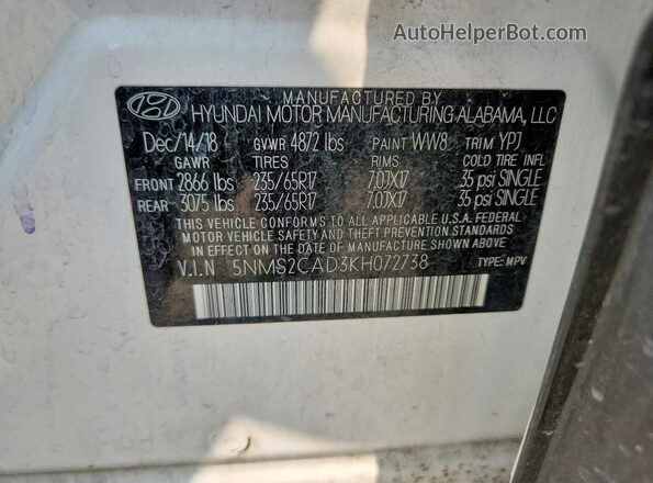 5NMS2CAD3KH072738 2019 HYUNDAI SANTA White VIN კოდის სტიკერის ხედი