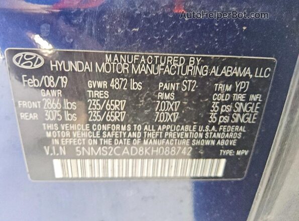 5NMS2CAD8KH088742 2019 HYUNDAI SANTA Blue VIN sticker view