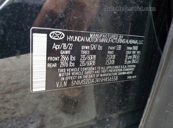 5NMS2DAJ4NH456558 2022 HYUNDAI SANTA Черный Вид наклейки с VIN-кодом