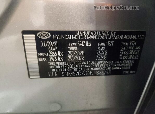 5NMS2DAJ8NH385753 2022 HYUNDAI SANTA Gray VIN sticker view