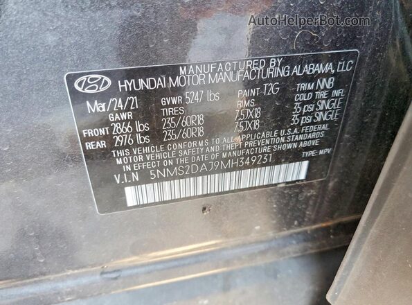 5NMS2DAJ9MH349231 2021 HYUNDAI SANTA Black Widok naklejki z numerem VIN