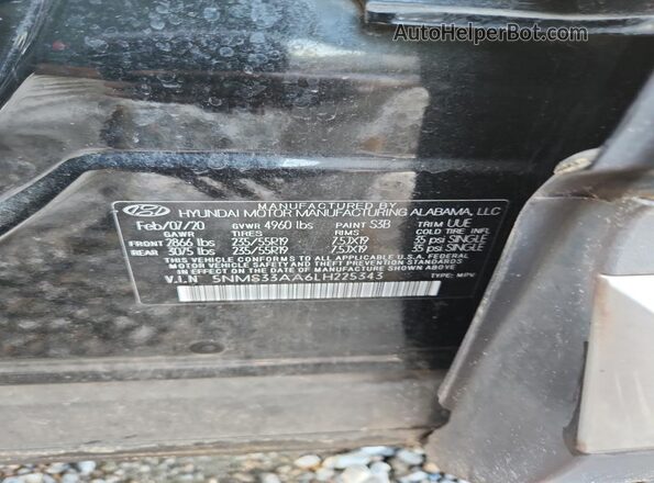 5NMS33AA6LH225343 2020 HYUNDAI SANTA Black VIN კოდის სტიკერის ხედი