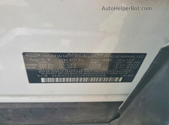5NMS33AD2KH032048 2019 HYUNDAI SANTA White VIN sticker view