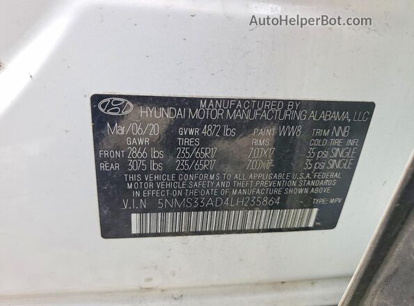 5NMS33AD4LH235864 2020 HYUNDAI SANTA Белый Панорамный вид салона 360°