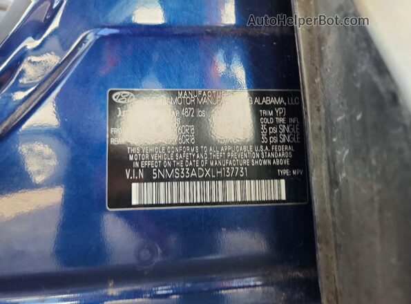 5NMS33ADXLH137731 2020 HYUNDAI SANTA Blue Widok komory silnika