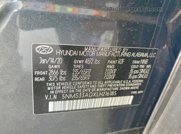 5NMS33ADXLH216185 2020 HYUNDAI SANTA Gray Engine compartment view