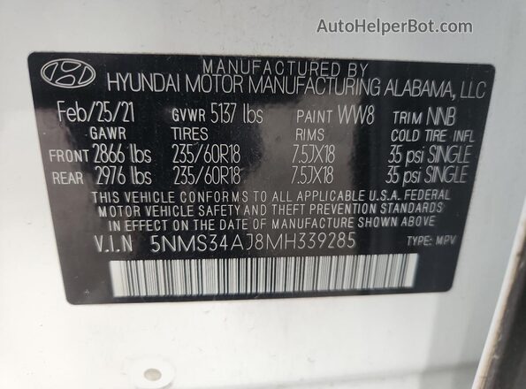 5NMS34AJ8MH339285 2021 HYUNDAI SANTA White VIN კოდის სტიკერის ხედი
