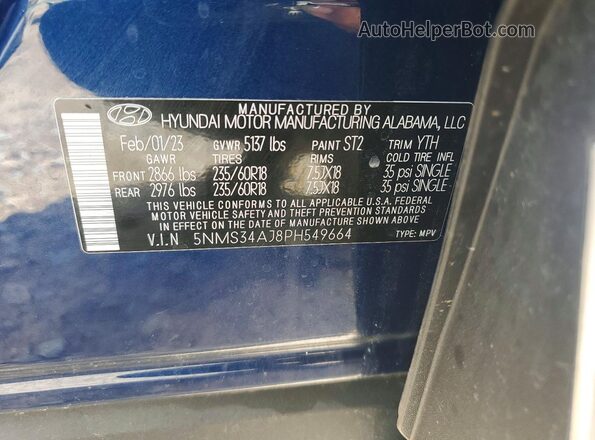 5NMS34AJ8PH549664 2023 HYUNDAI SANTA Blue Widok naklejki z numerem VIN