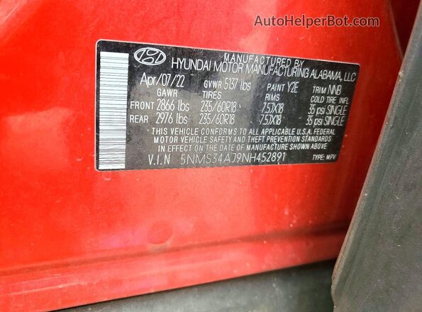 5NMS34AJ9NH452891 2022 HYUNDAI SANTA Красный Вид подкапотного пространства