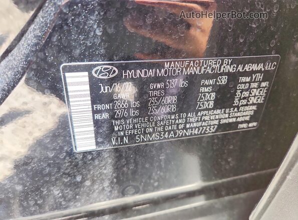 5NMS34AJ9NH477337 2022 HYUNDAI SANTA Черный Вид наклейки с VIN-кодом