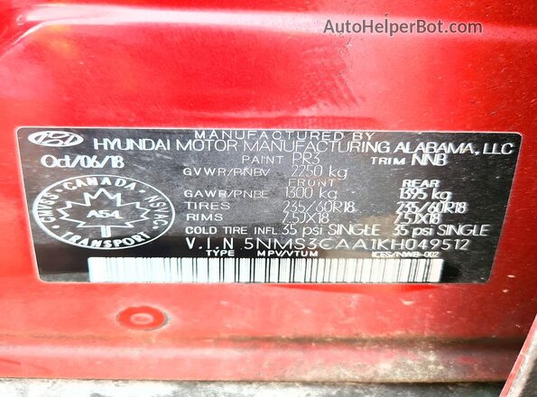 5NMS3CAA1KH049512 2019 HYUNDAI SANTA Red VIN կոդի պիտակի տեսք