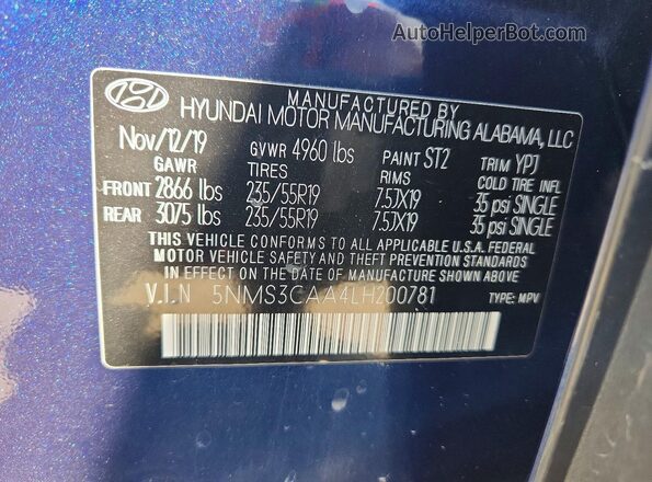 5NMS3CAA4LH200781 2020 HYUNDAI SANTA Синий Вид наклейки с VIN-кодом